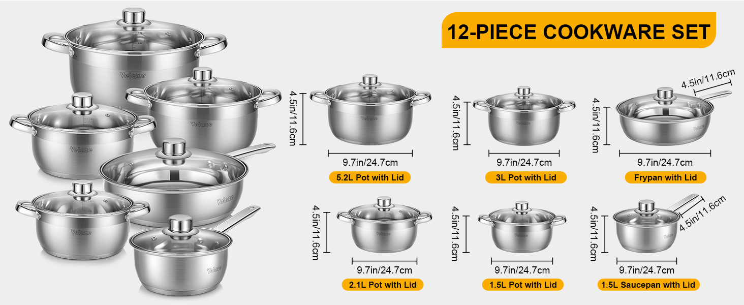 12-piece stainless steel cookware set with various pot sizes. Labeled diagram shows dimensions for each piece.