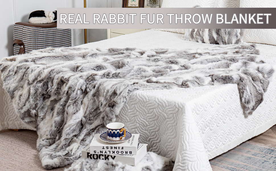 Throw Blankets for Couch and Bed, Soft Cozy Real Rabbit Fur