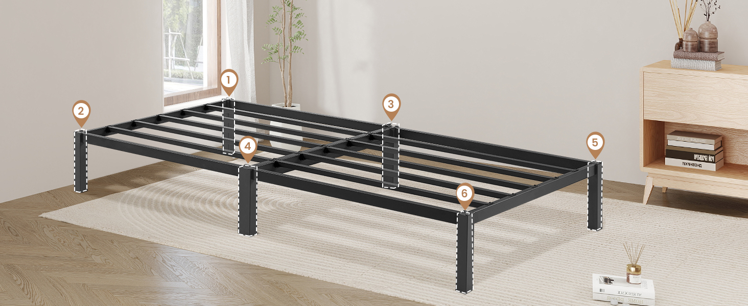 Modern bedroom interior with a metal bed frame, wooden floor, and neutral-colored walls. The room is shown from multiple angles.