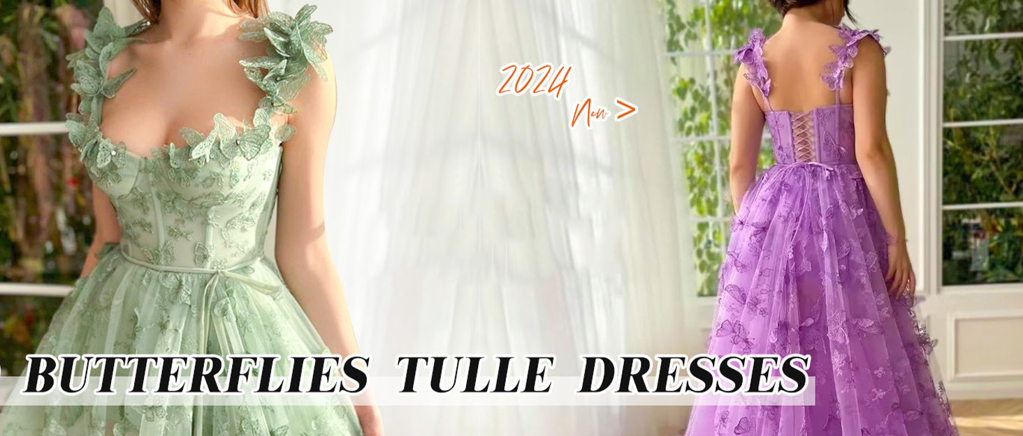 Long Tulle Prom Dress with 3D Butterflies Sexy Slit Ball Gown Evening Dresses Party