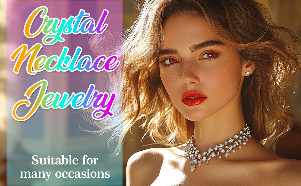 Crystal necklace jewelry advertisement with neon-style text overlay stating 'Crystal Necklace Jewelry' and 'Suitable for many occasions'.