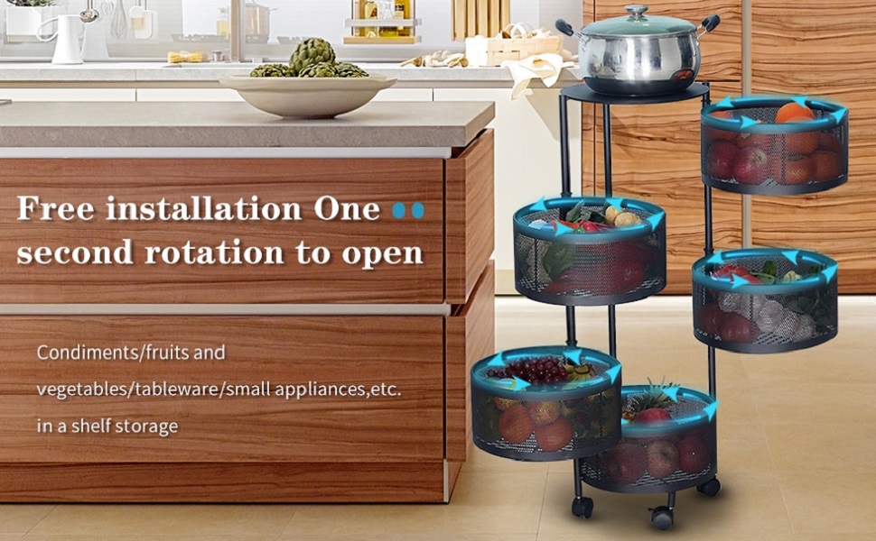 HOME CUBE Metal 5 Layer Kitchen Rotating Trolley Portable Storage Rack