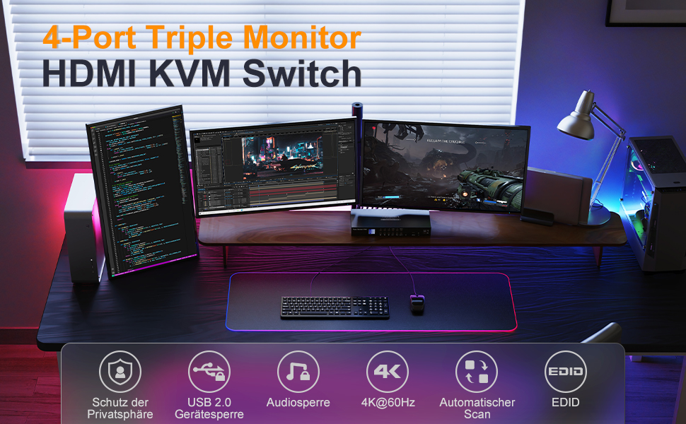 TESmart 4 Computers 3 Monitors HDMI KVM Switch 4K60Hz with 2 L/R Out