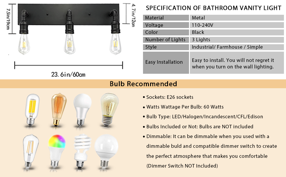 Farmhouse Bathroom Vanity Wall Lights E26 Base Vintage Metal Indoor Wall Lamp