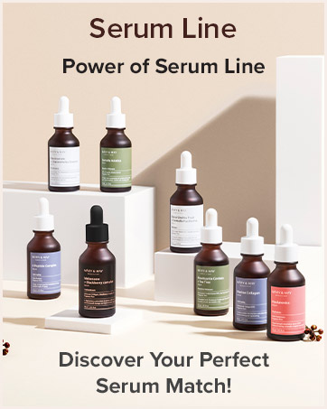 Collection of skincare serum bottles in various colors. Dropper bottles arranged on beige surface with text 'Serum Line' and 'Power of Serum Line' visible above.