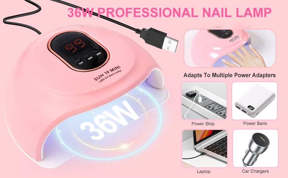 Pink 36W professional nail lamp with LED display, USB connectivity, and compatibility with multiple power sources including laptops, power banks, and car chargers.