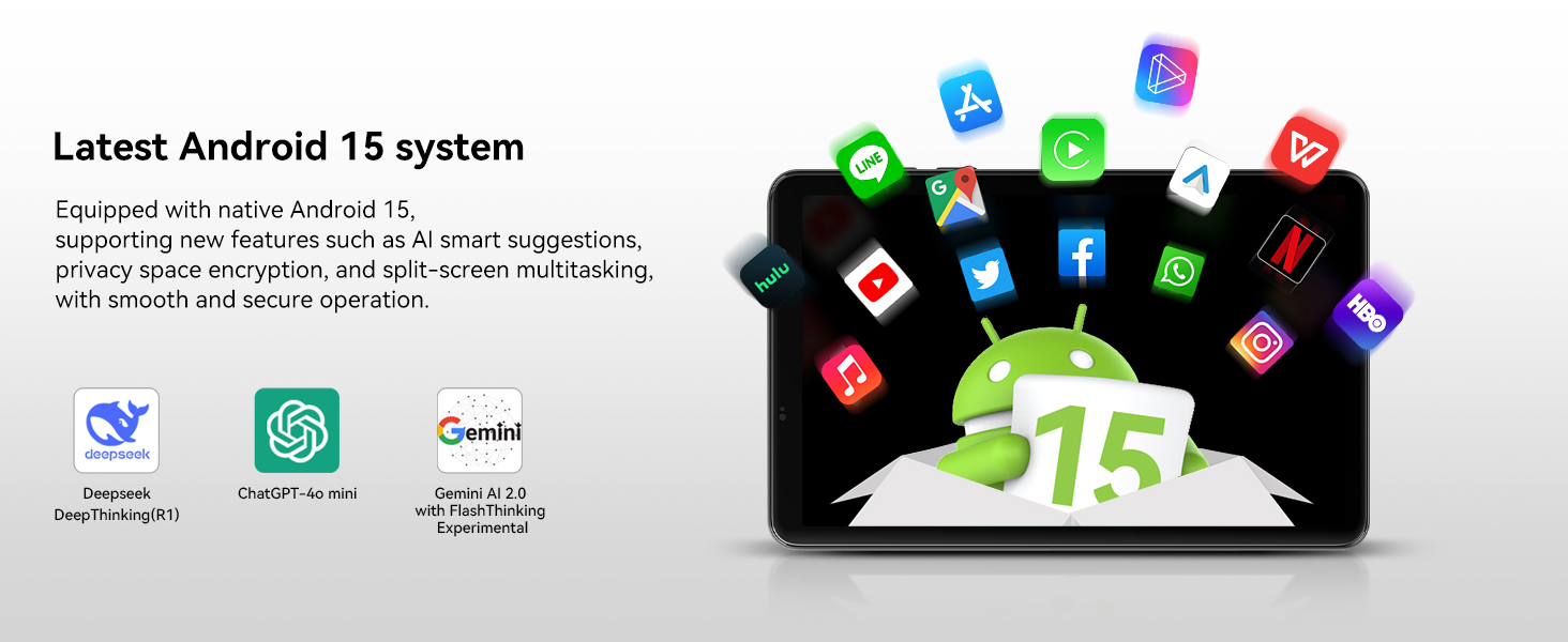 Text reads 'Latest Android 15 system'. Marketing image showing tablet or device screen with floating app icons in multiple colors.