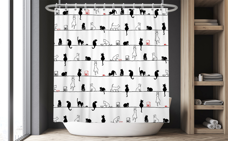 Leowefowa Cat Shower Curtain Black White Cats Funny Cute