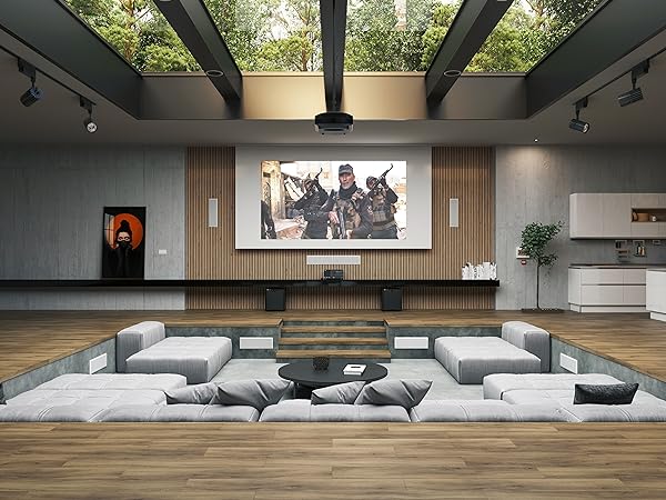 A home theater room with an RX-A4A AV receiver and surround sound speaker setup.