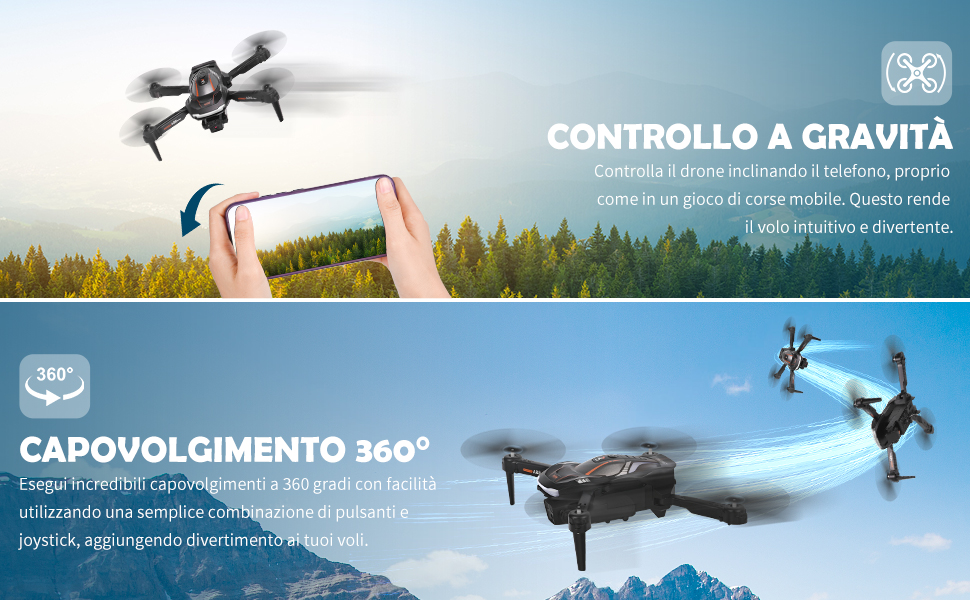 Due pannelli che mostrano un drone quadricottero. In alto: Drone che sorvola la foresta, controllato da smartphone. In basso: drone che esegue una manovra di ribaltamento a 360 gradi