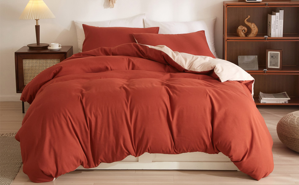 Ruccit Burnt Orange&Cream Duvet Cover Set Double Reversible Orange