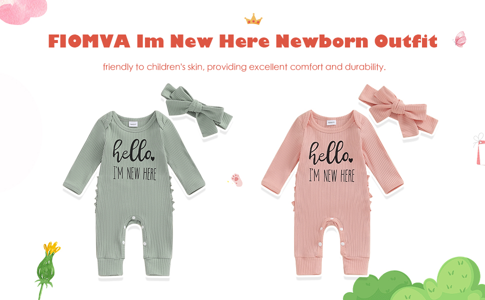 Im New Here Newborn Outfit Girl Long Sleeve Letter Romper Ribbed Knit Jumpsuit Coming Home Outfit