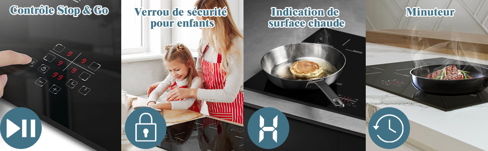 Plaque à Induction, Karinear Plaque Induction 4 Foyer, Plaque De Cuisson Induction Encastrable, Table De Cuisson Electrique Avec Commande Tactile, Minuteur, Verrouillage D'enfant, 6600W 12 1