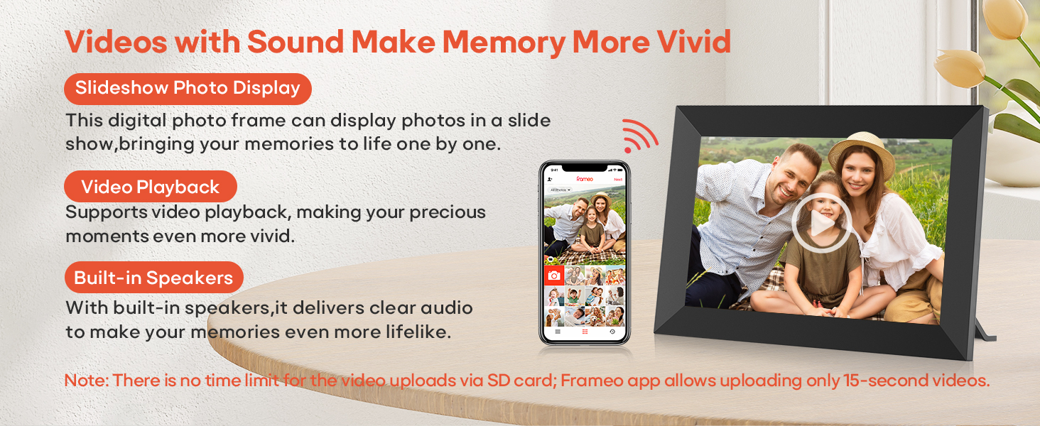 Electronic picture display with customizable slideshow, designed for creating dynamic presentations of family photos