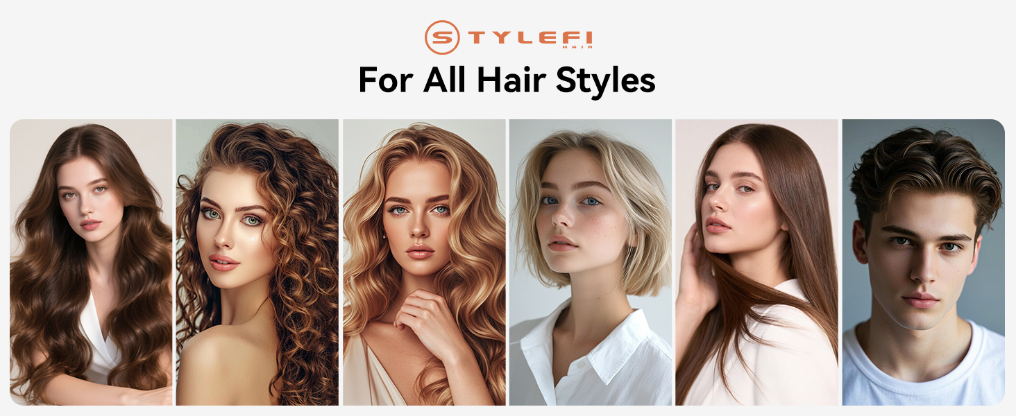Text reads 'For All Hair Styles' followed by 'TYLEP1'. Collection of hairstyle photos showing various lengths and styles arranged horizontally.