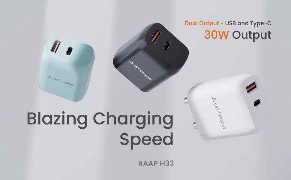 Ambrane 30W USB & Type-C Dual Port Boosted Speed Mobile Charger