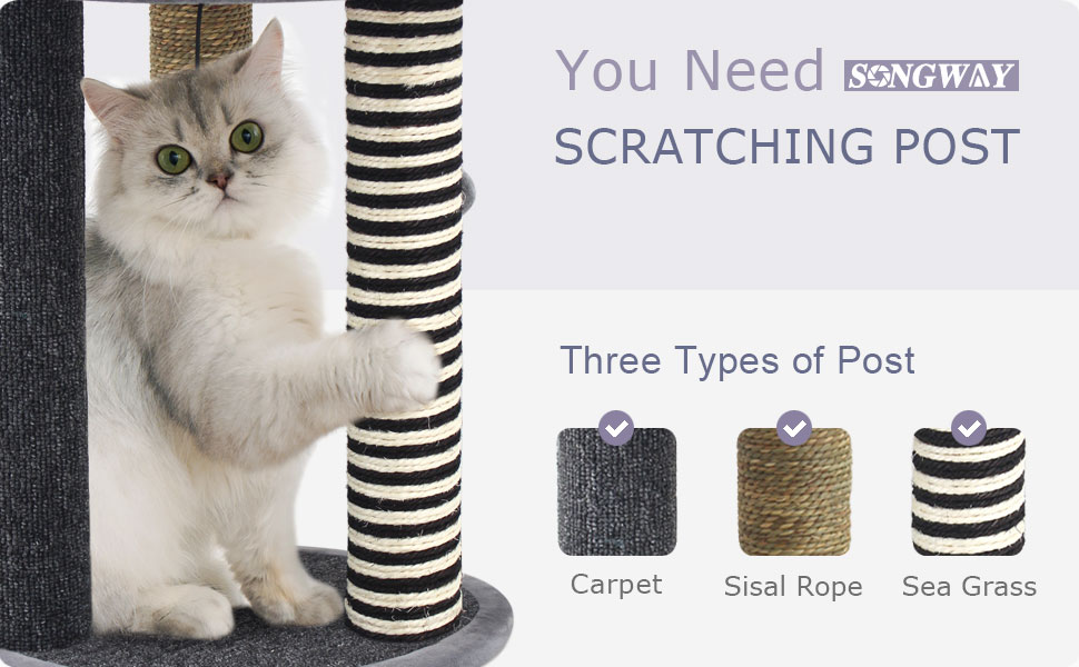 SONGWAY Cat Scratching Post Tree - Cat Tree with 3 Scratching Poles and Dangling Balls, Carpeted Base and Perch, Interactive Scratcher Toy for Indoor Cats Kittens, Grey 25 03