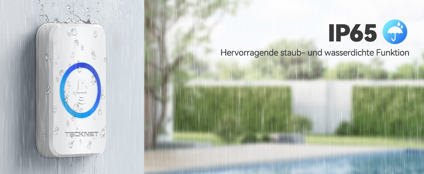 Weißes Wandgerät mit blau beleuchteter Ringschnittstelle, abgebildet mit dem Symbol für die wasserdichte Schutzart IP65 und Regentropfen