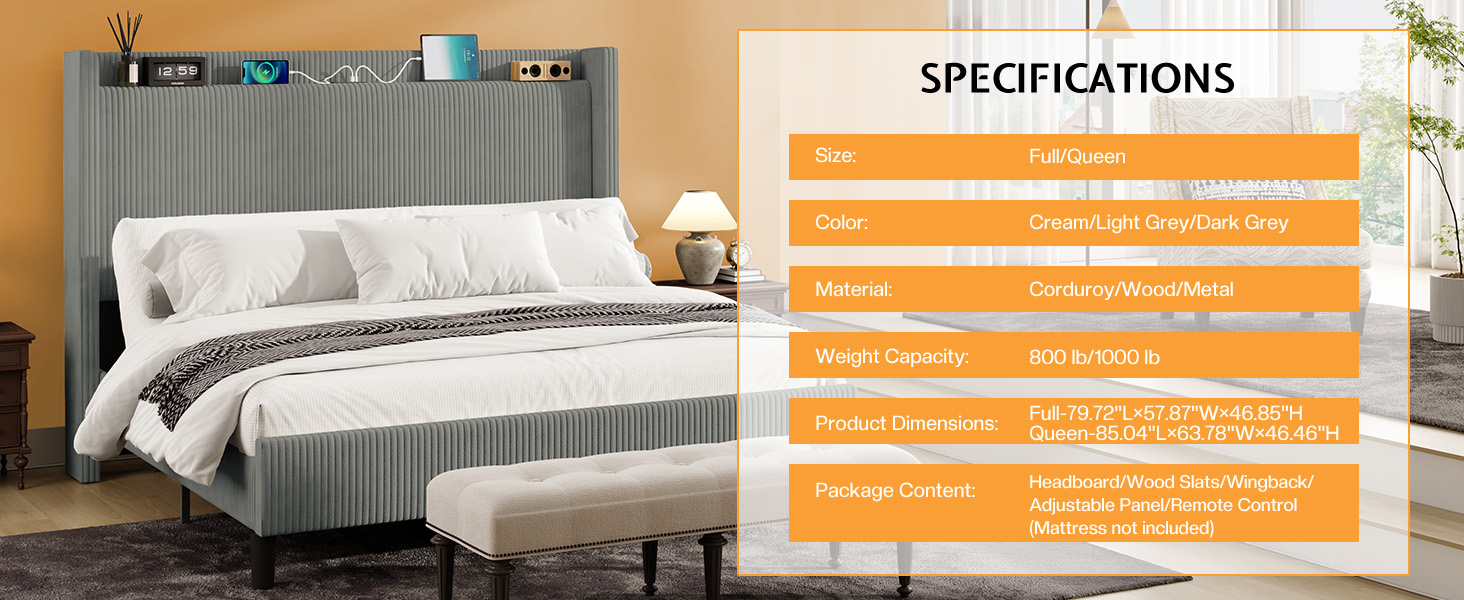 Jocisland Queen Adjustable Bed Frame, Storage Headboard