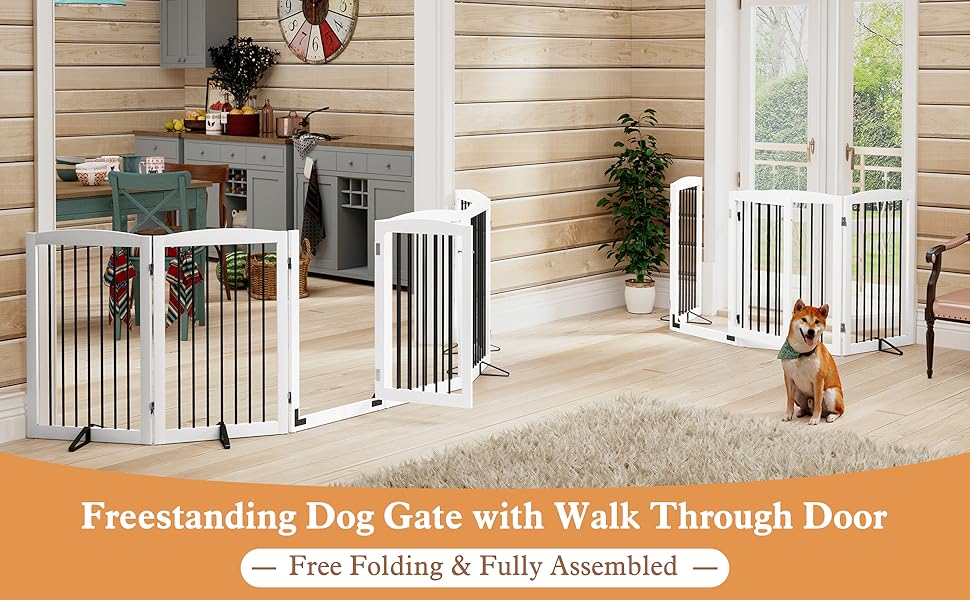 PUPETPO Freestanding Pet Gate with Door, Tall Dog Gate for