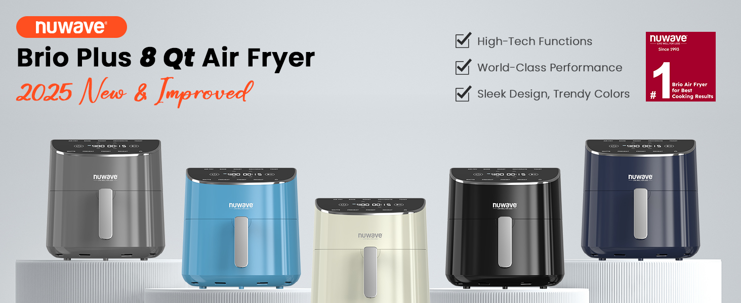 Nuwave Brio Plus Air Fryer control panel showing 7 one-touch cook functions: Air Fry, Bake, Roast, Dehydrate, Toast, Reheat, Preheat, along with 100 Presets and 50 DIY Slots.