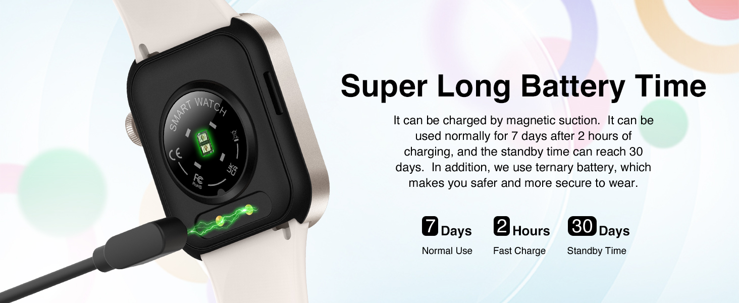 Text reads 'Super Long Battery Time'. Product advertisement showing battery duration indicators and charging cable connection.