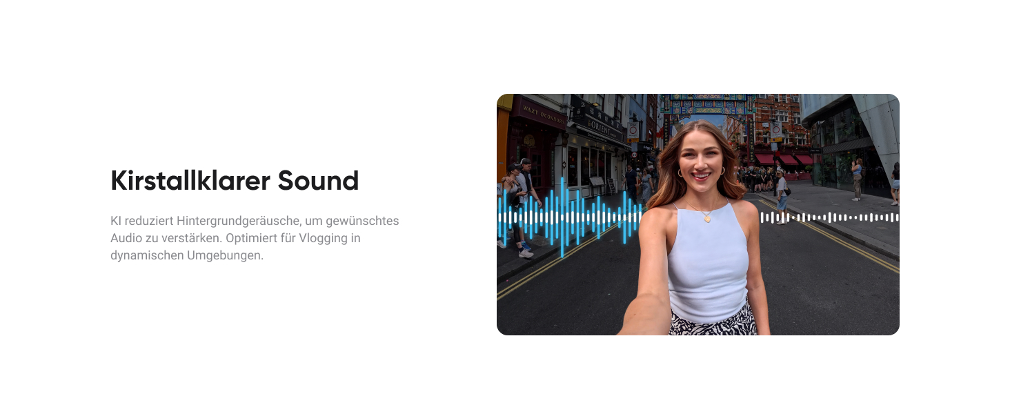 La légende indique : « Un son cristallin ». Image divisée montrant la visualisation de la forme d'onde audio et la scène extérieure.