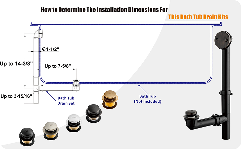 Artiwell 11/2" Black Tubular Bath Drain Kit with TipToe Bath Drain