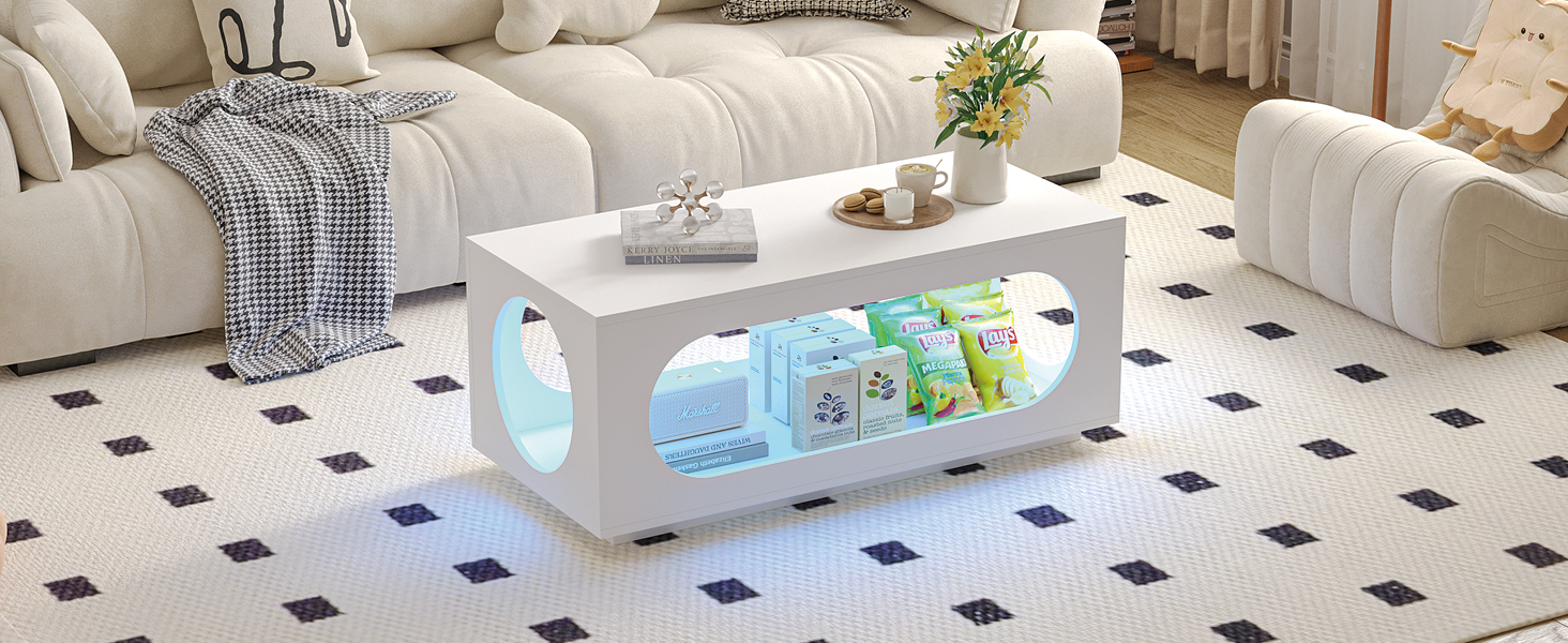  White Led Coffee Table for Living Room,Rectangular Contemporary Center Table with Storage