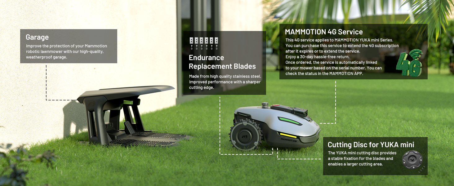 Robotic lawn mower on grass with informational callouts. Features include garage, endurance batteries, AI navigation, and cutting disc. Palm fronds visible in background.