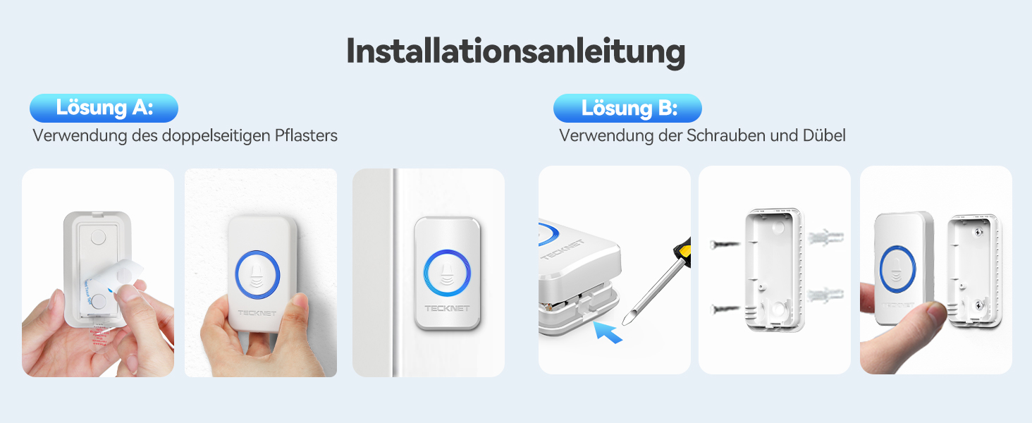 Installationsanleitung mit schrittweisen Montageanleitungen für ein drahtloses Türklingel- oder Glockensystem mit zwei Befestigungsmöglichkeiten mit Klebstoff oder Schrauben
