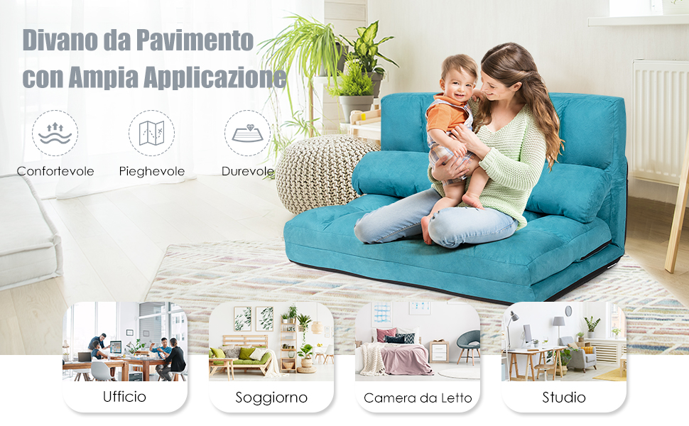 RELAX4LIFE Divano 2 Posti Trasformabile In Letto Con 2 Cuscini Da Pavimento, Design Pieghevole E Salvaspazio E Schienale Regolabile In 6 Livelli (Nero) 4 1