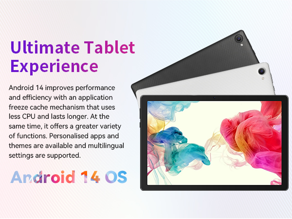 Tablet device with colorful abstract screen. Text describes Android 14 OS features including application freeze cache and personalized apps.
