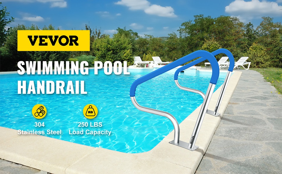 VEVOR Rampe Piscine Inox Barre D'Appui Rail Avec Housse Poignée 98,9x81,3 Cm 12 Mains Courantes pour Piscine Creusée 98,9 x 81,3 cm