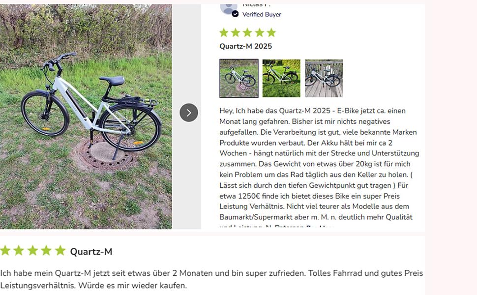 Der Text lautet „5 Sterne“ -Bewertung. Produktbilder zeigen ein rosafarbenes Fahrrad, das auf Gras liegt. Seine Eigenschaften werden aus mehreren Blickwinkeln veranschaulicht.