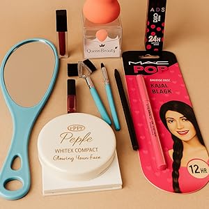 compact kajal lipstick combo, makeup set with mirror, beauty kit for girls, trendy makeup kit combo