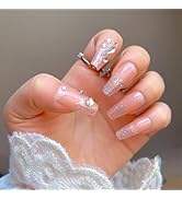 Medium Coffin Press on Nails Nude Glossy False Nails with Glitter Rhinestone Designs Fake Nails R...
