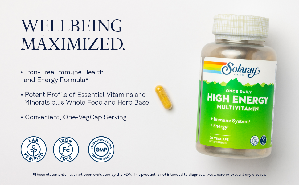 Solaray Once Daily High Energy Multivitamin Iron Free Complete Multi w/ Whole Food Herb Base Non-GMO