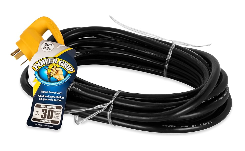 Camco 55190 Power Grip RV 30Amp Pigtail Power Cord, Hardwire, 30Foot Allows for