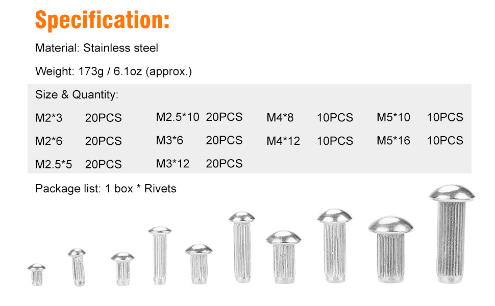 160pcs Solid Rivets Round Head Knurled Shank M2 M3 M4 M5