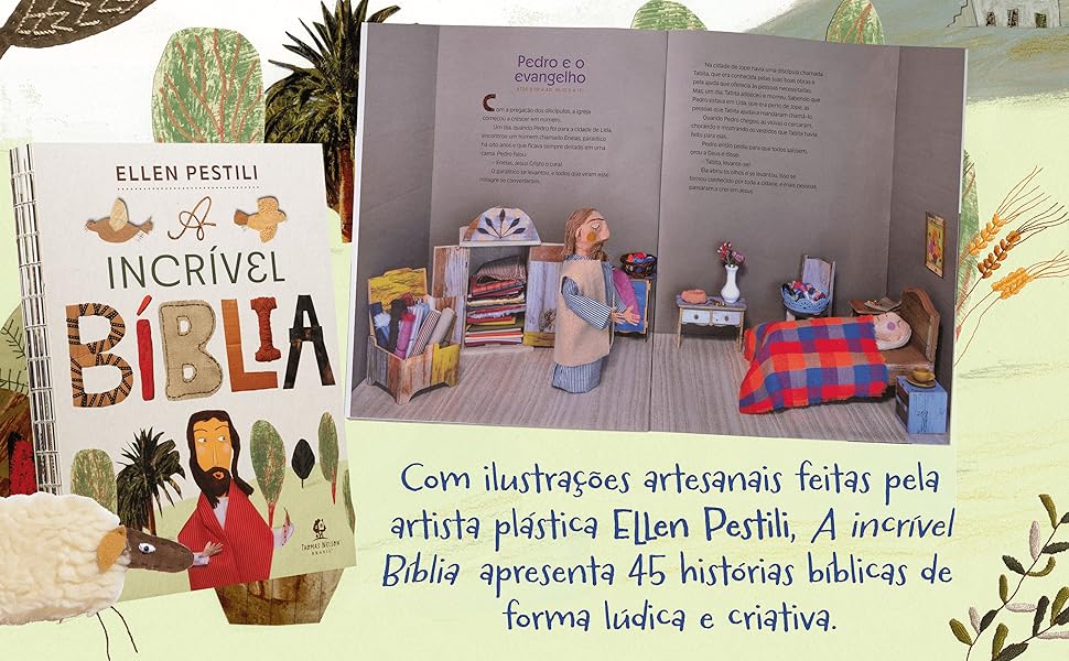 Com ilustrações artesanais feitas por Ellen Pestili, o livro apresenta 45 histórias bíblicas