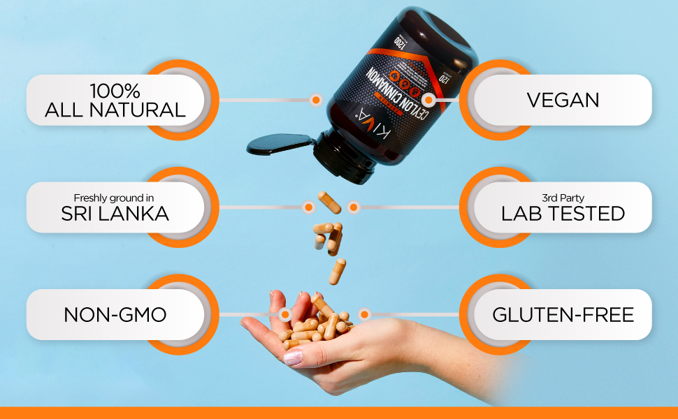 Kiva premium ceylon cinnamon capsules. Vegan, lab tested, non-gmo, gluten-free, all natural