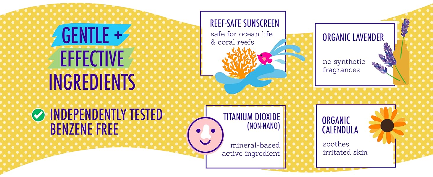 Gentle + Effective ingredients. Includes Titanium dioxide, lavender, and calendula. Reef safe.