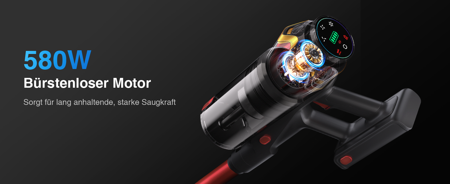 Der Text lautet „580W Brushless Motor“. Professioneller Haartrockner, aus mehreren Blickwinkeln dargestellt, mit metallischer Oberfläche und kompaktem Design mit Konzentratordüsenaufsatz.