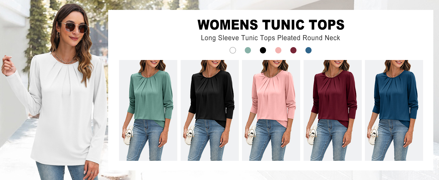 Womens Tunic Tops Long Sleeve Pleated Shirts