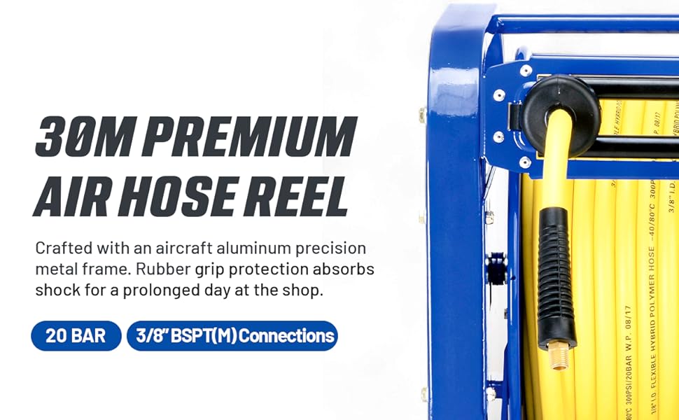 Text reads: '30M PREMIUM AIR HOSE REEL', '20 BAR', '4/6 BSP(ID) Connections'. Blue industrial air hose reel with aluminum frame and rubber grip protection features.