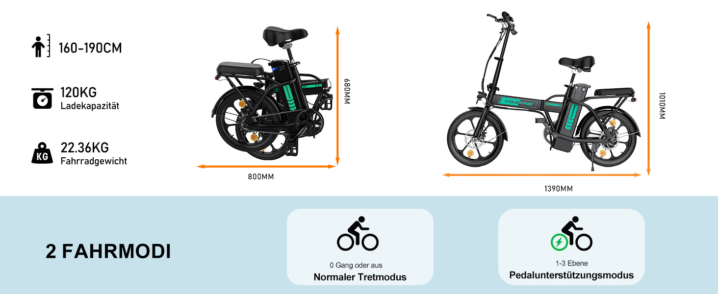 Zusammenklappbares Elektrofahrrad in zwei Positionen dargestellt: zusammengeklappt und ausgeklappt. Zu den Merkmalen gehören ein Höhenbereich von 140 bis 190 cm, ein Gewicht von 20 kg