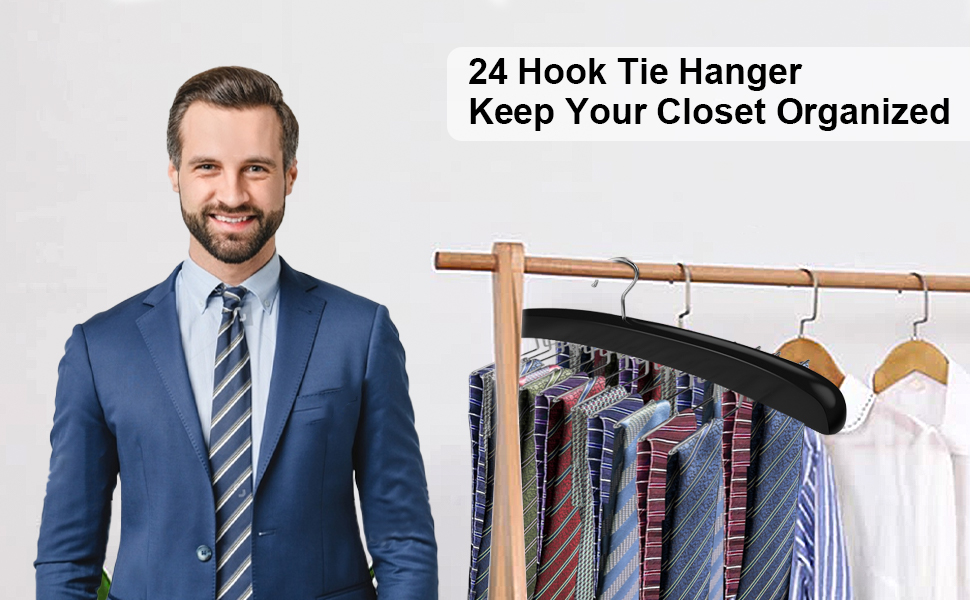 Tie Rack, 24 Hooks Tie Hanger Wooden Tank Top Hanger with