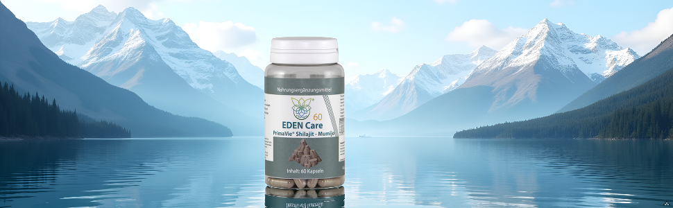 Berglandschaft mit Gletschersee, umgeben von schneebedeckten Gipfeln. Der Produktbehälter ist vor dem natürlichen Hintergrund sichtbar.