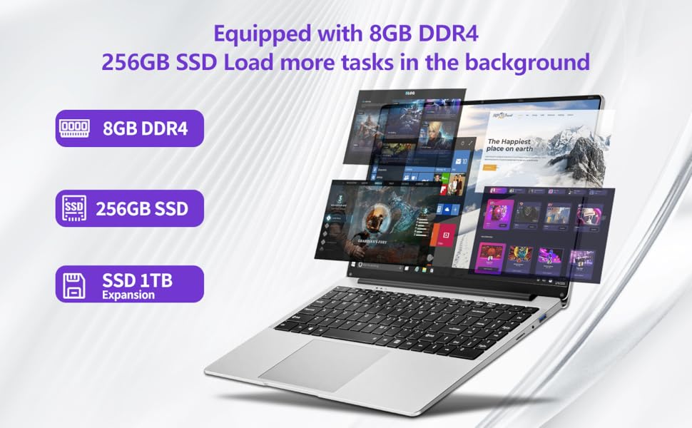 Le texte indique « SSD de 256 Go », « 8 Go de DDR4 ». Présentation de produits pour ordinateurs portables présentant plusieurs angles d'un appareil argenté avec des spécifications techniques mises en évidence.